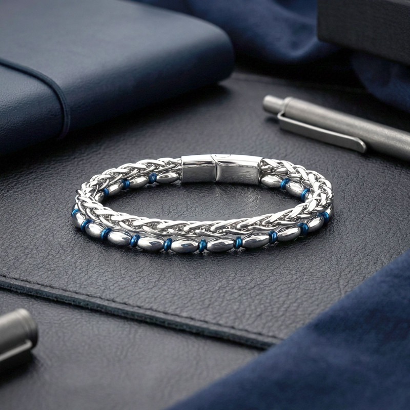 Çelik Zincirli Gümüş Arpa Ve Mavi Hematit Bileklik Çelik Zincirli Gümüş Arpa Ve Mavi Hematit Bileklik