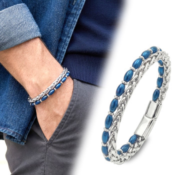 Çelik Zincirli Gümüş Ve Mavi Arpa Hematit Bileklik