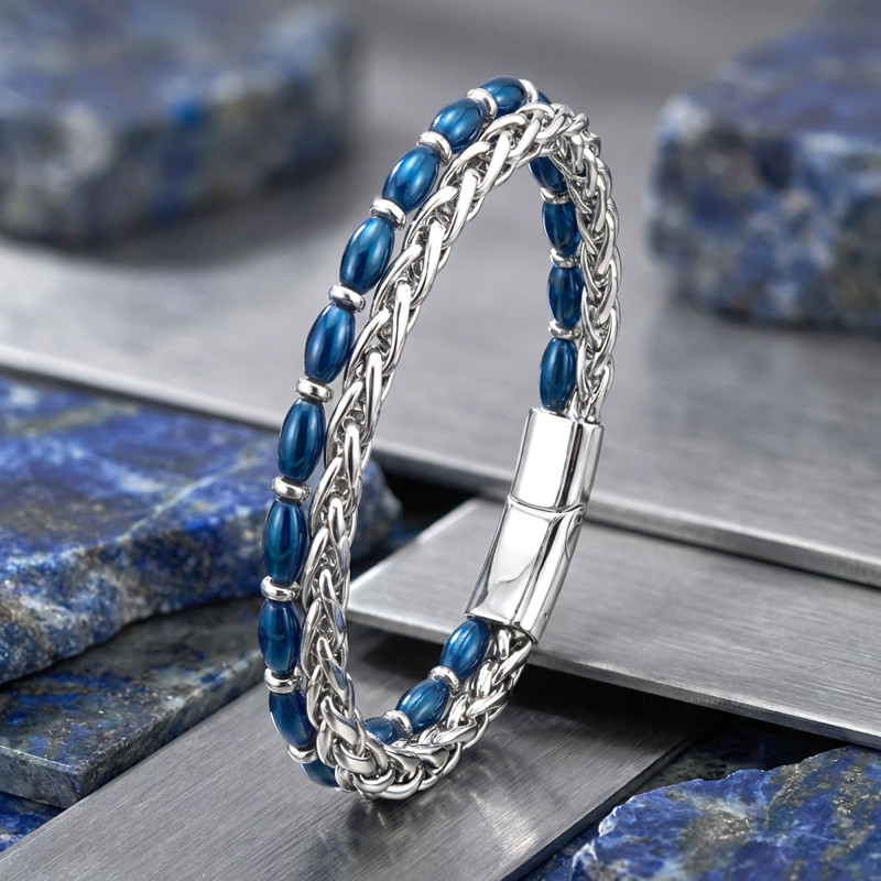 Çelik Zincirli Gümüş Ve Mavi Arpa Hematit Bileklik