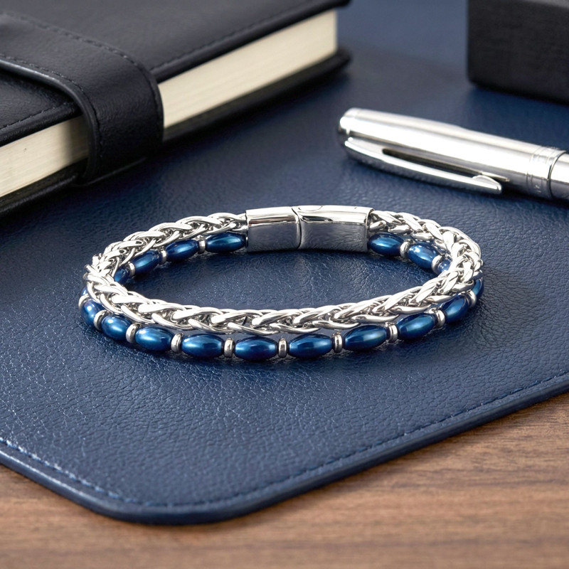 Çelik Zincirli Gümüş Ve Mavi Arpa Hematit Bileklik