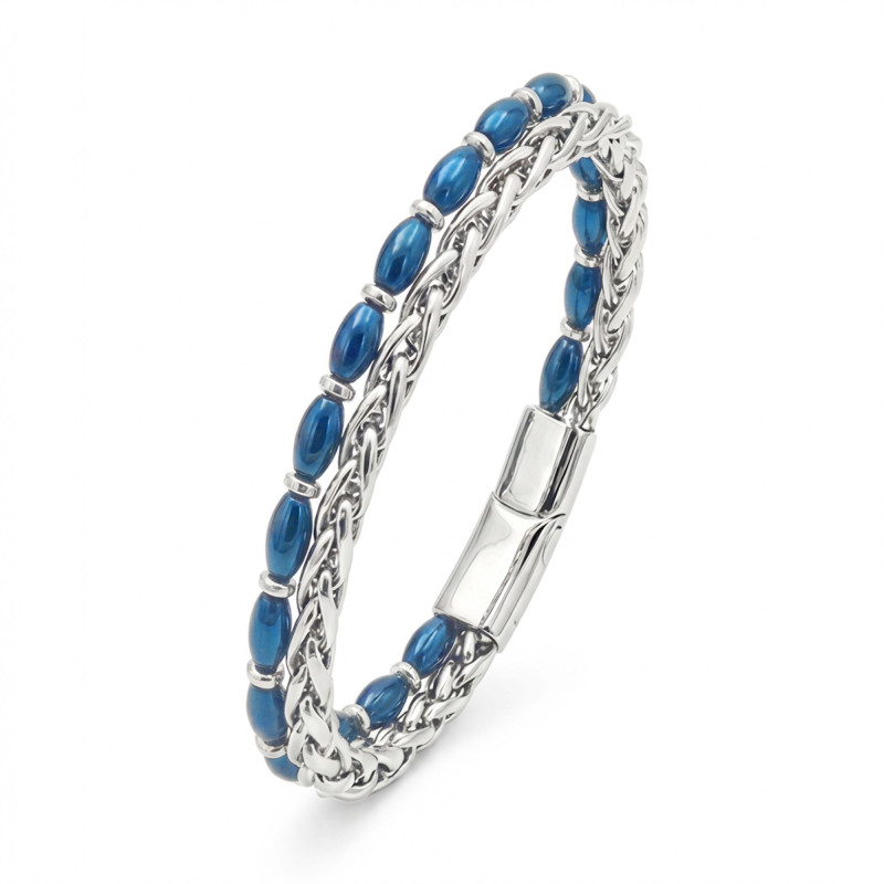 Çelik Zincirli Gümüş Ve Mavi Arpa Hematit Bileklik