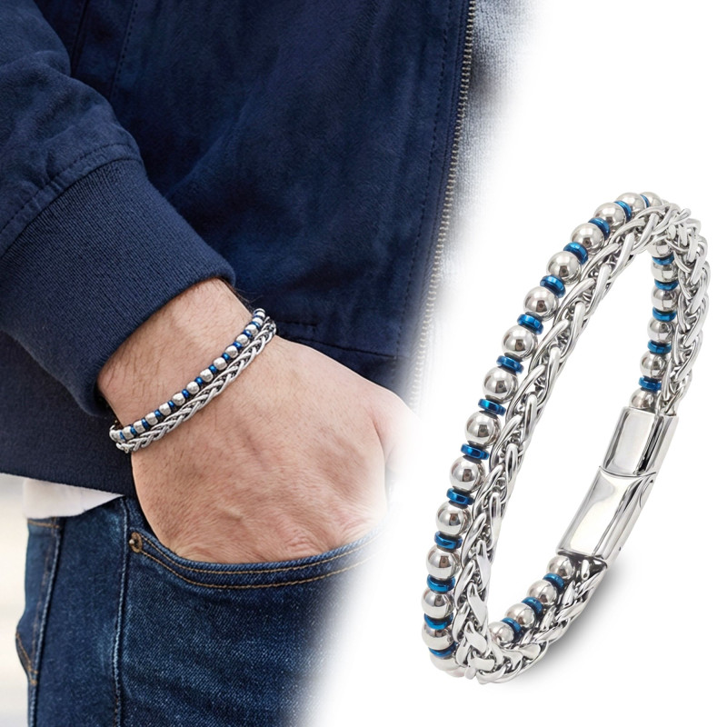 Çelik Zincirli Gümüş Ve Mavi Hematit Bileklik Çelik Zincirli Gümüş Ve Mavi Hematit Bileklik