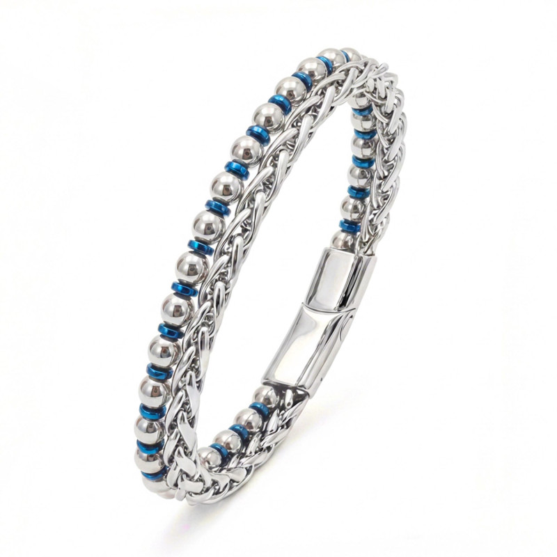 Çelik Zincirli Gümüş Ve Mavi Hematit Bileklik Çelik Zincirli Gümüş Ve Mavi Hematit Bileklik