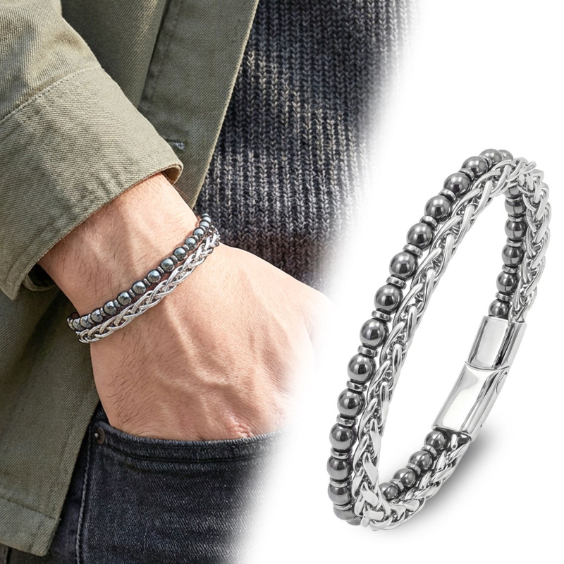 Çelik Zincirli Hematit Ve Silver Hematit Bileklik Çelik Zincirli Hematit Ve Silver Hematit Bileklik