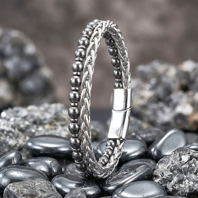Çelik Zincirli Hematit Ve Silver Hematit Bileklik Çelik Zincirli Hematit Ve Silver Hematit Bileklik