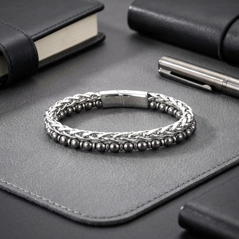 Çelik Zincirli Hematit Ve Silver Hematit Bileklik Çelik Zincirli Hematit Ve Silver Hematit Bileklik