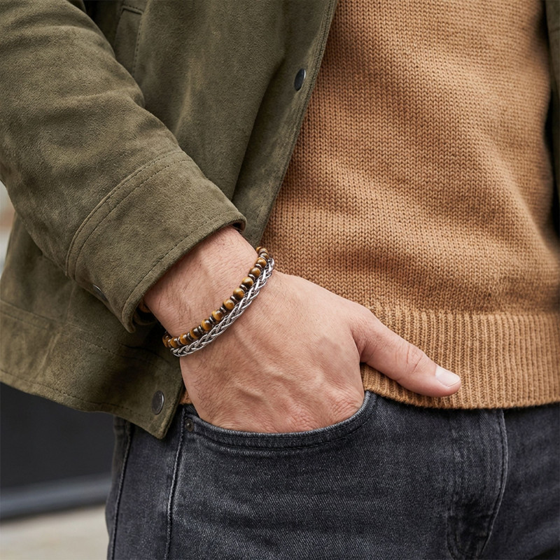 Çelik Zincirli Kaplan Gözü Ve Hematit Bileklik Çelik Zincirli Kaplan Gözü Ve Hematit Bileklik