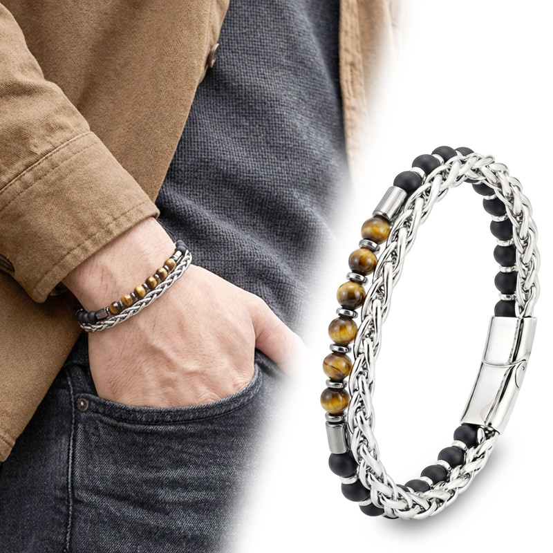 Çelik Zincirli Kaplan Gözü Ve Mat Oniks-Hematit Bileklik Çelik Zincirli Kaplan Gözü Ve Mat Oniks-Hematit Bileklik