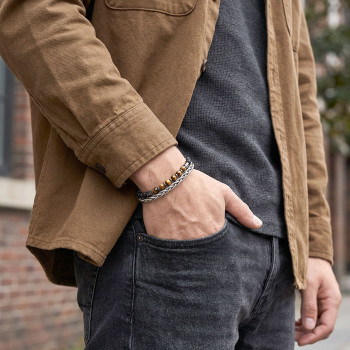 Çelik Zincirli Kaplan Gözü Ve Mat Oniks-Hematit Bileklik