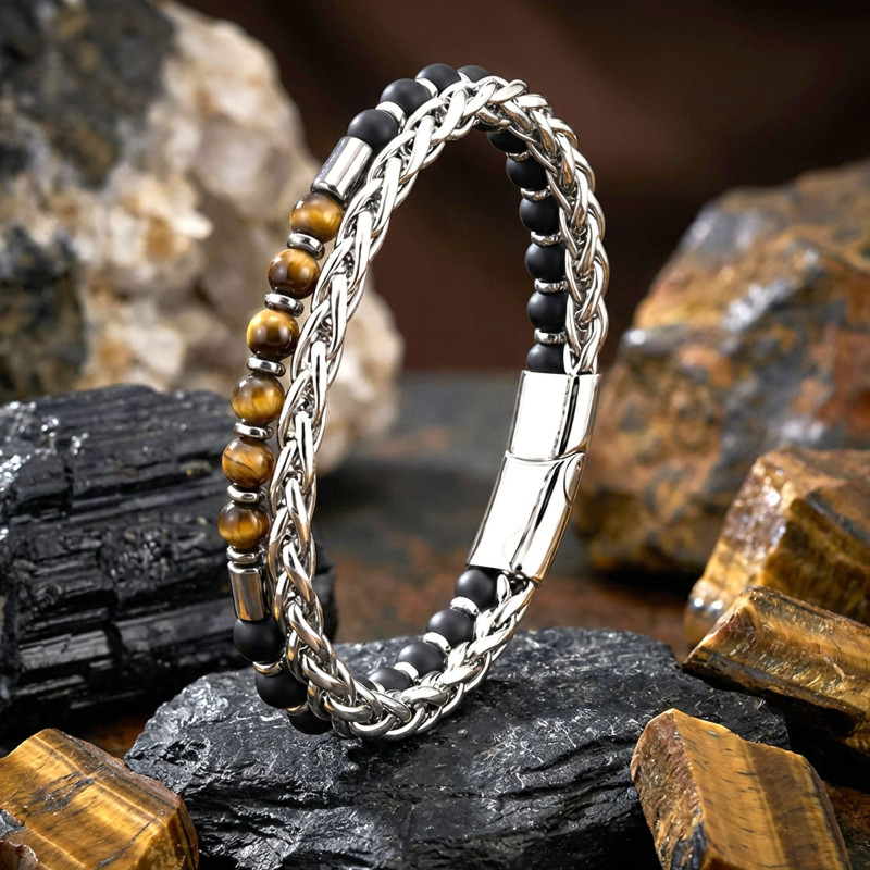 Çelik Zincirli Kaplan Gözü Ve Mat Oniks-Hematit Bileklik Çelik Zincirli Kaplan Gözü Ve Mat Oniks-Hematit Bileklik