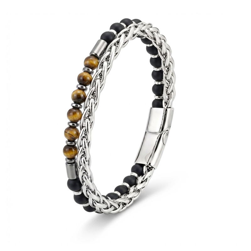 Çelik Zincirli Kaplan Gözü Ve Mat Oniks-Hematit Bileklik Çelik Zincirli Kaplan Gözü Ve Mat Oniks-Hematit Bileklik