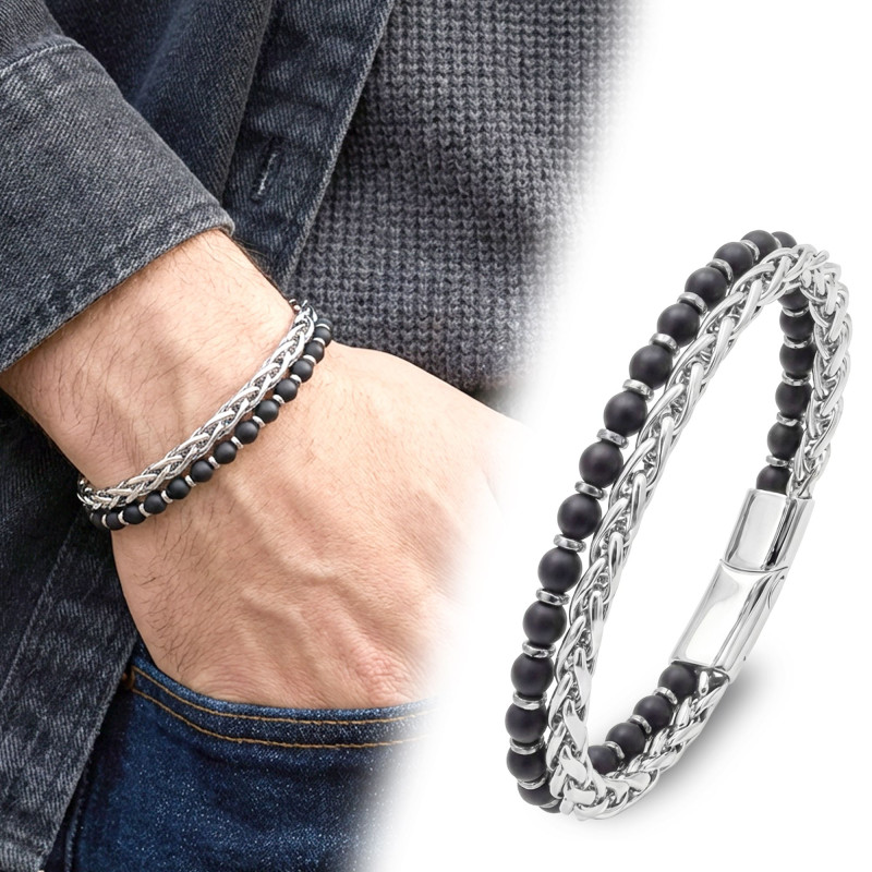 Çelik Zincirli Mat Oniks Ve Silver Hematit Bileklik Çelik Zincirli Mat Oniks Ve Silver Hematit Bileklik