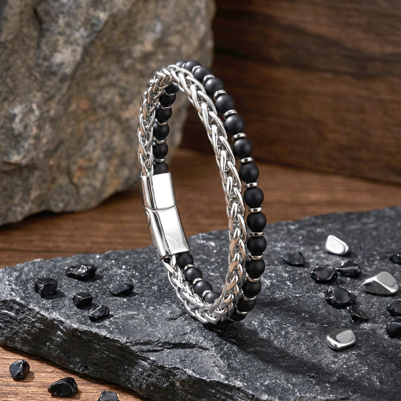 Çelik Zincirli Mat Oniks Ve Silver Hematit Bileklik Çelik Zincirli Mat Oniks Ve Silver Hematit Bileklik