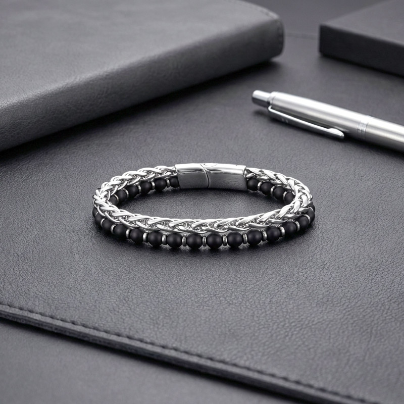 Çelik Zincirli Mat Oniks Ve Silver Hematit Bileklik Çelik Zincirli Mat Oniks Ve Silver Hematit Bileklik