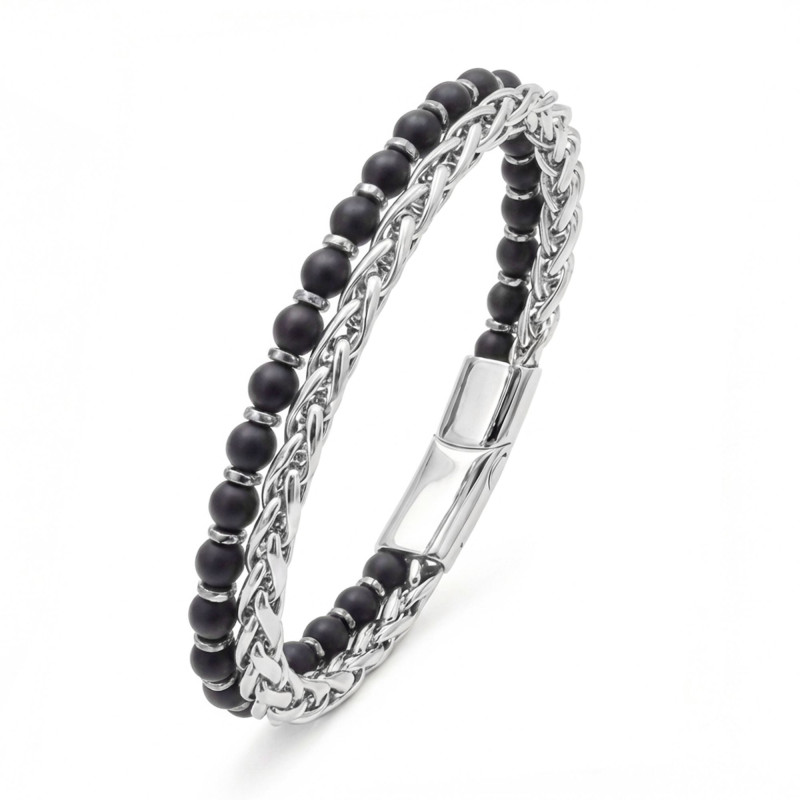 Çelik Zincirli Mat Oniks Ve Silver Hematit Bileklik Çelik Zincirli Mat Oniks Ve Silver Hematit Bileklik