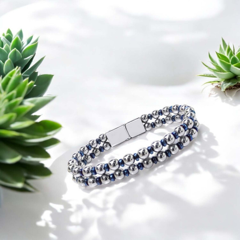 Çift Gümüş Ve Mavi Renk Hematit Çelik Bileklik