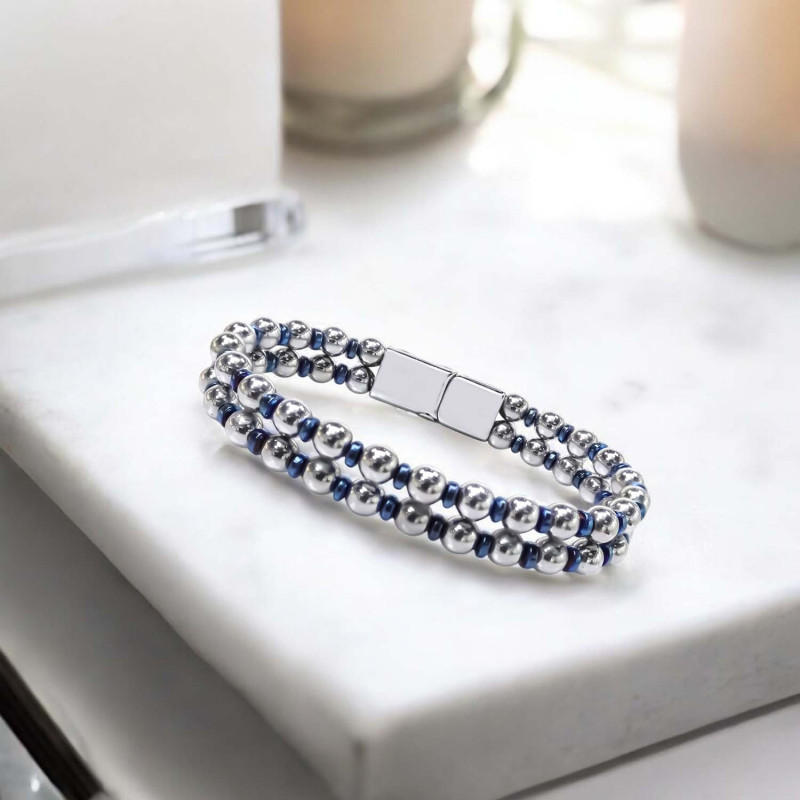 Çift Gümüş Ve Mavi Renk Hematit Çelik Bileklik