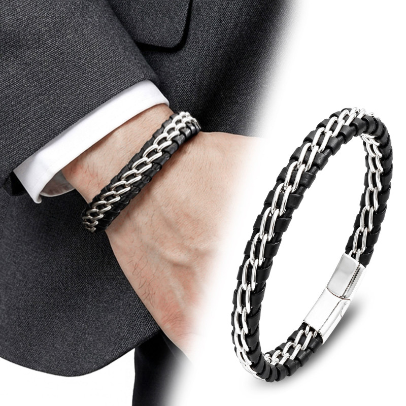 Çift Zincir Çelik Ve Deri Bileklik