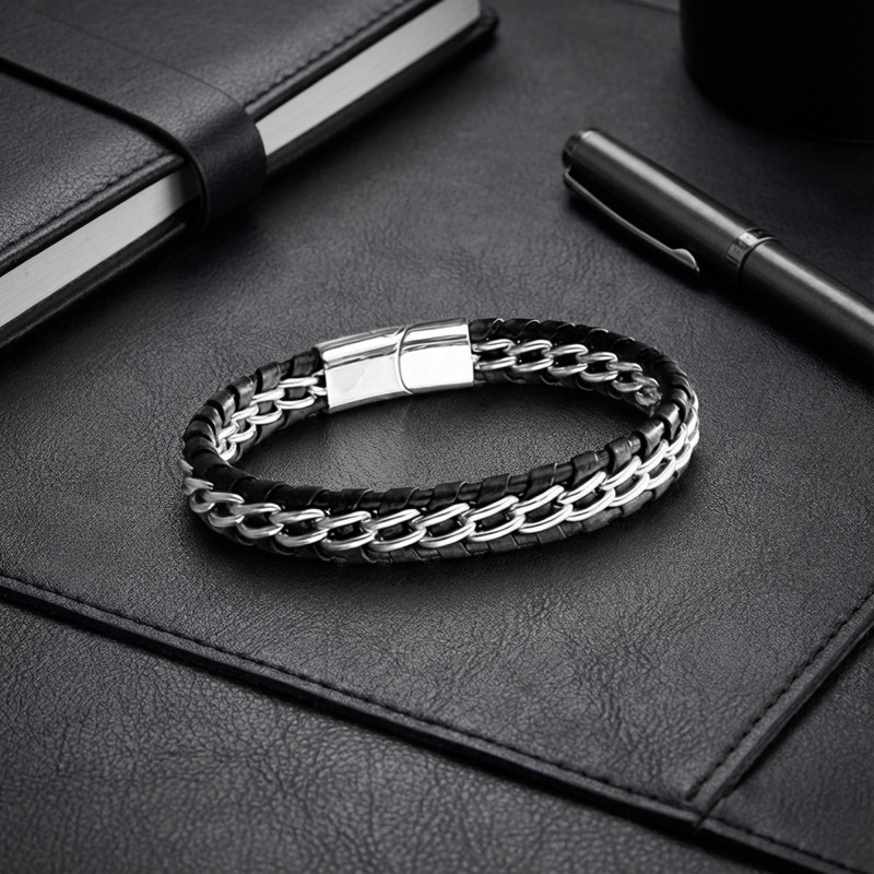 Çift Zincir Çelik Ve Deri Bileklik