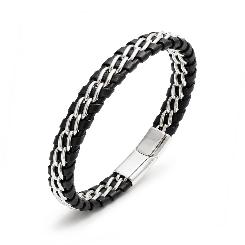 Çift Zincir Çelik Ve Deri Bileklik
