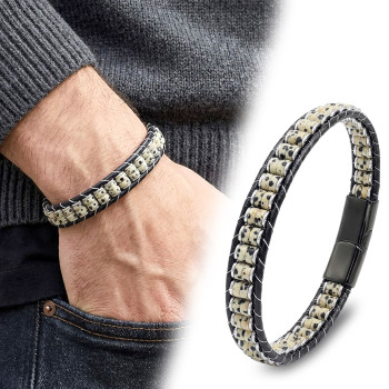 Dalmaçya Jasper & Hematit Çelik Örgülü Deri Bileklik