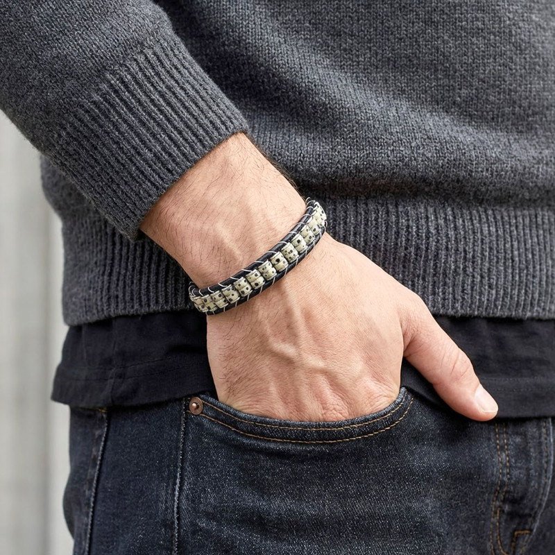 Dalmaçya Jasper & Hematit Çelik Örgülü Deri Bileklik Dalmaçya Jasper & Hematit Çelik Örgülü Deri Bileklik