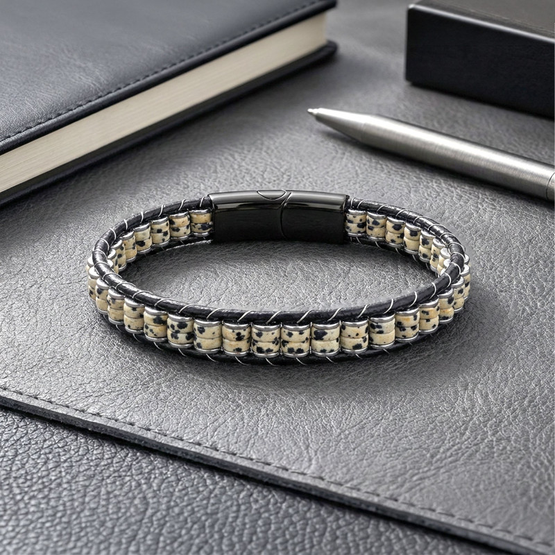 Dalmaçya Jasper & Hematit Çelik Örgülü Deri Bileklik Dalmaçya Jasper & Hematit Çelik Örgülü Deri Bileklik