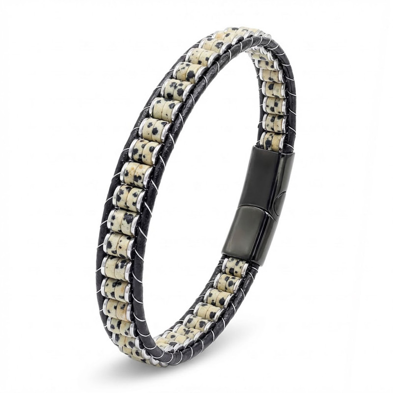 Dalmaçya Jasper & Hematit Çelik Örgülü Deri Bileklik Dalmaçya Jasper & Hematit Çelik Örgülü Deri Bileklik