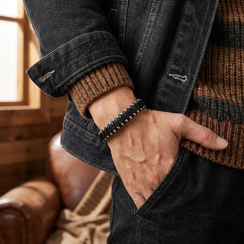 Damla Çelik Siyah Zincir Deri Dolama Erkek Bileklik