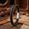 Damla Çelik Siyah Zincir Deri Dolama Erkek Bileklik