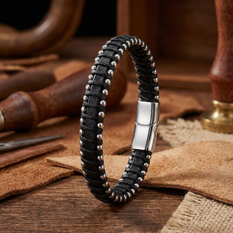 Damla Çelik Siyah Zincir Deri Dolama Erkek Bileklik
