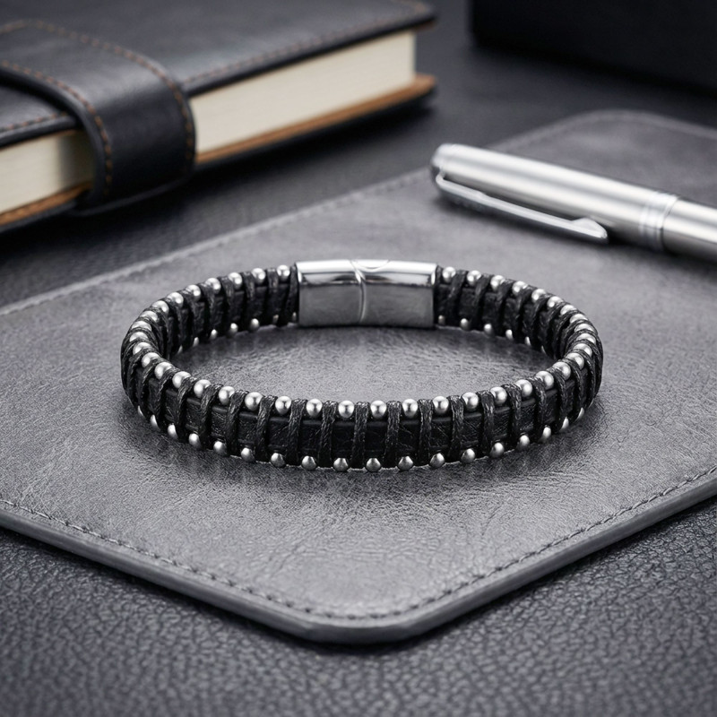 Damla Çelik Siyah Zincir Deri Dolama Erkek Bileklik