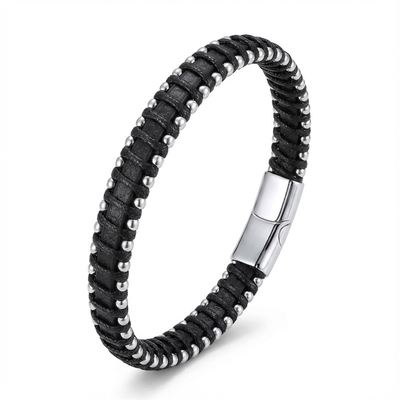 Damla Çelik Siyah Zincir Deri Dolama Erkek Bileklik