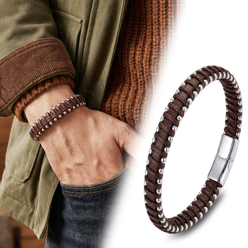 Damla Çelik Zincir Kahve Rengi Deri Dolama Erkek Bileklik