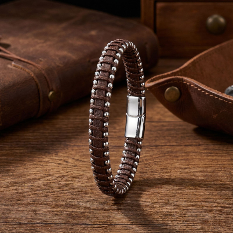 Damla Çelik Zincir Kahve Rengi Deri Dolama Erkek Bileklik