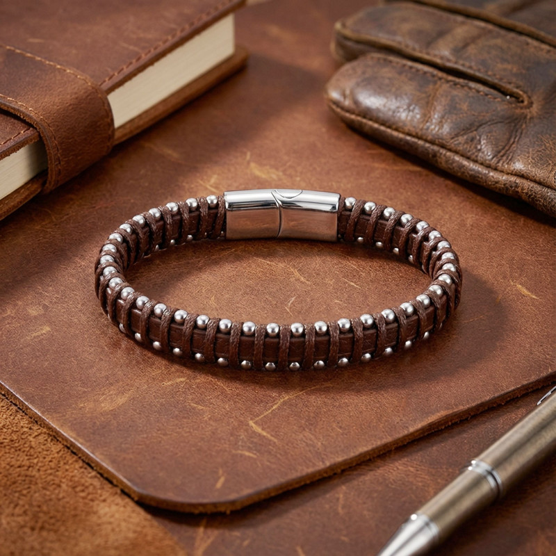 Damla Çelik Zincir Kahve Rengi Deri Dolama Erkek Bileklik