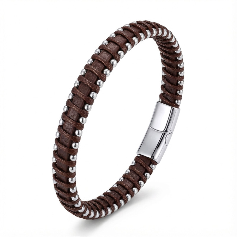 Damla Çelik Zincir Kahve Rengi Deri Dolama Erkek Bileklik