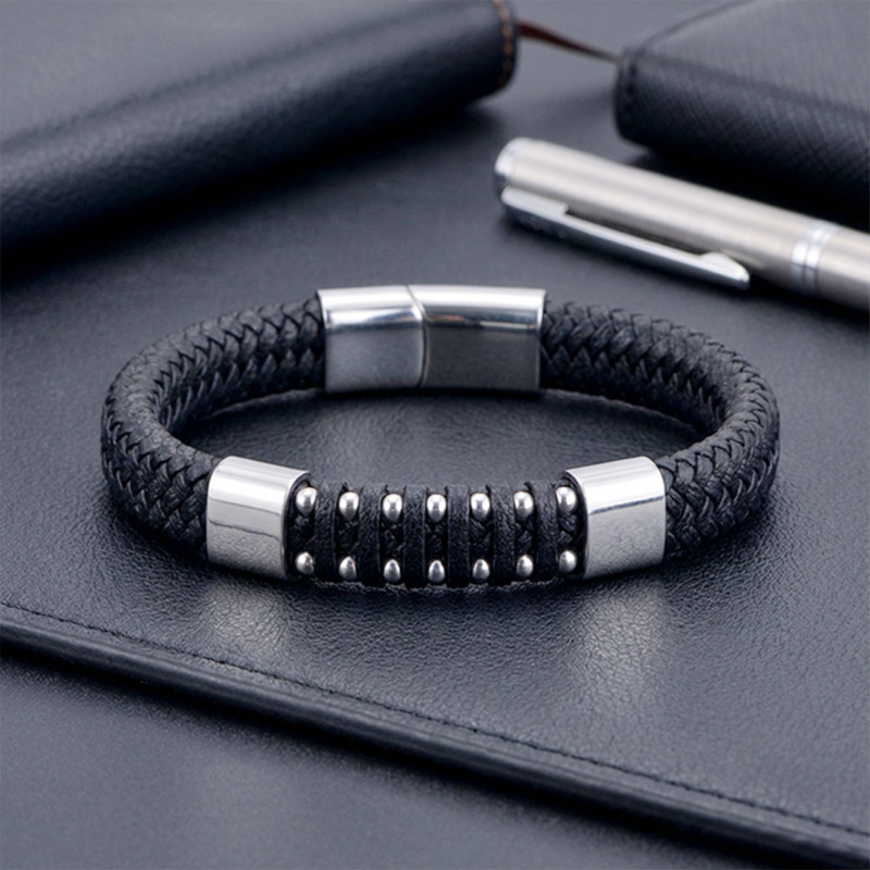 Deri Çelik Damla Zincir Dolama Bileklik – Siyah