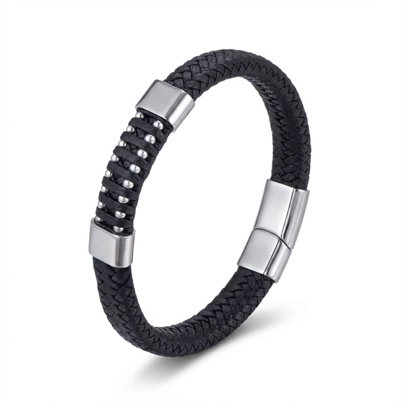 Deri Çelik Damla Zincir Dolama Bileklik – Siyah