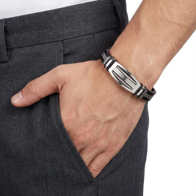 Deri Kordonlu Çelik Halatlı Erkek Bileklik