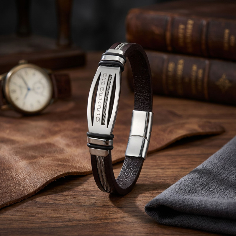 Deri Kordonlu Çelik Halatlı Erkek Bileklik