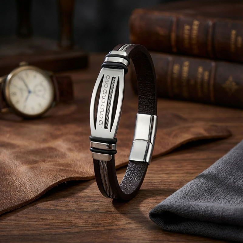 Deri Kordonlu Çelik Halatlı Erkek Bileklik