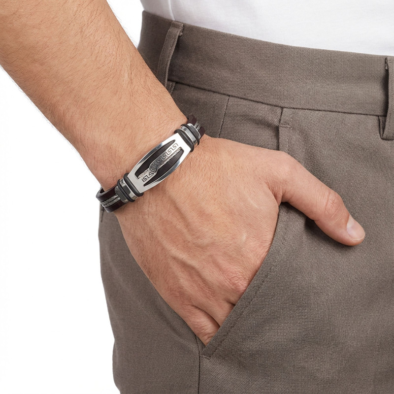 Deri Kordonlu Çelik Halatlı Erkek Bileklik