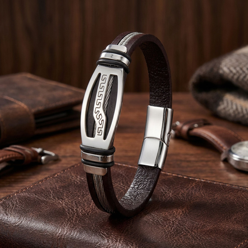 Deri Kordonlu Çelik Halatlı Erkek Bileklik