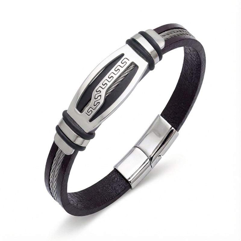 Deri Kordonlu Çelik Halatlı Erkek Bileklik