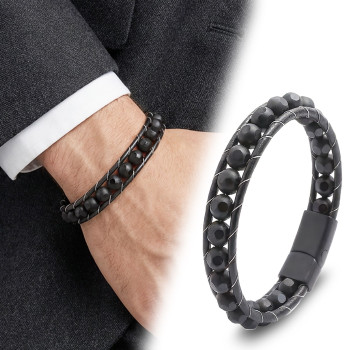 Patterned Onyx Natural Stone Leather Bracelet