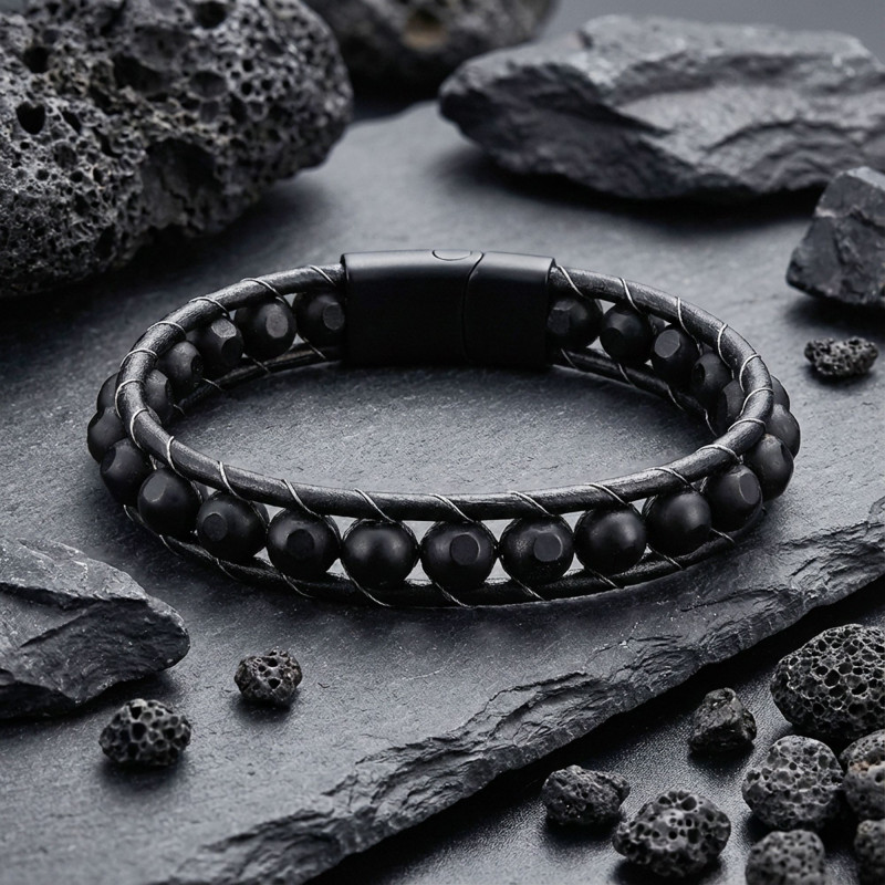 Desenli Oniks Doğaltaşlı Deri Bileklik