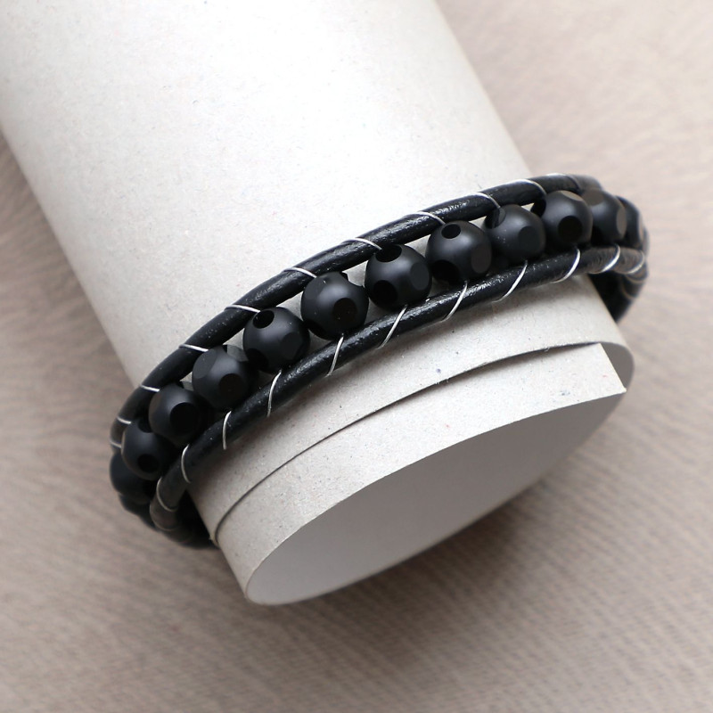 Desenli Oniks Doğaltaşlı Deri Bileklik