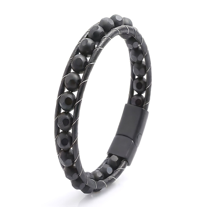 Desenli Oniks Doğaltaşlı Deri Bileklik