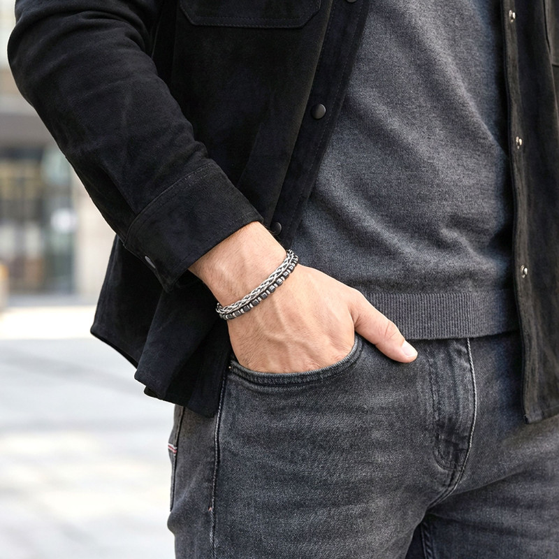 Elmas Kesim Hematit Ve Çelik Zincir Bileklik